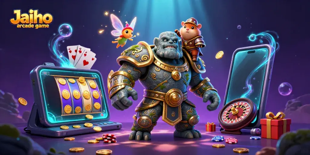 Engage in thrilling Jaiho arcade game action with enchanting characters amidst magical casino elements.