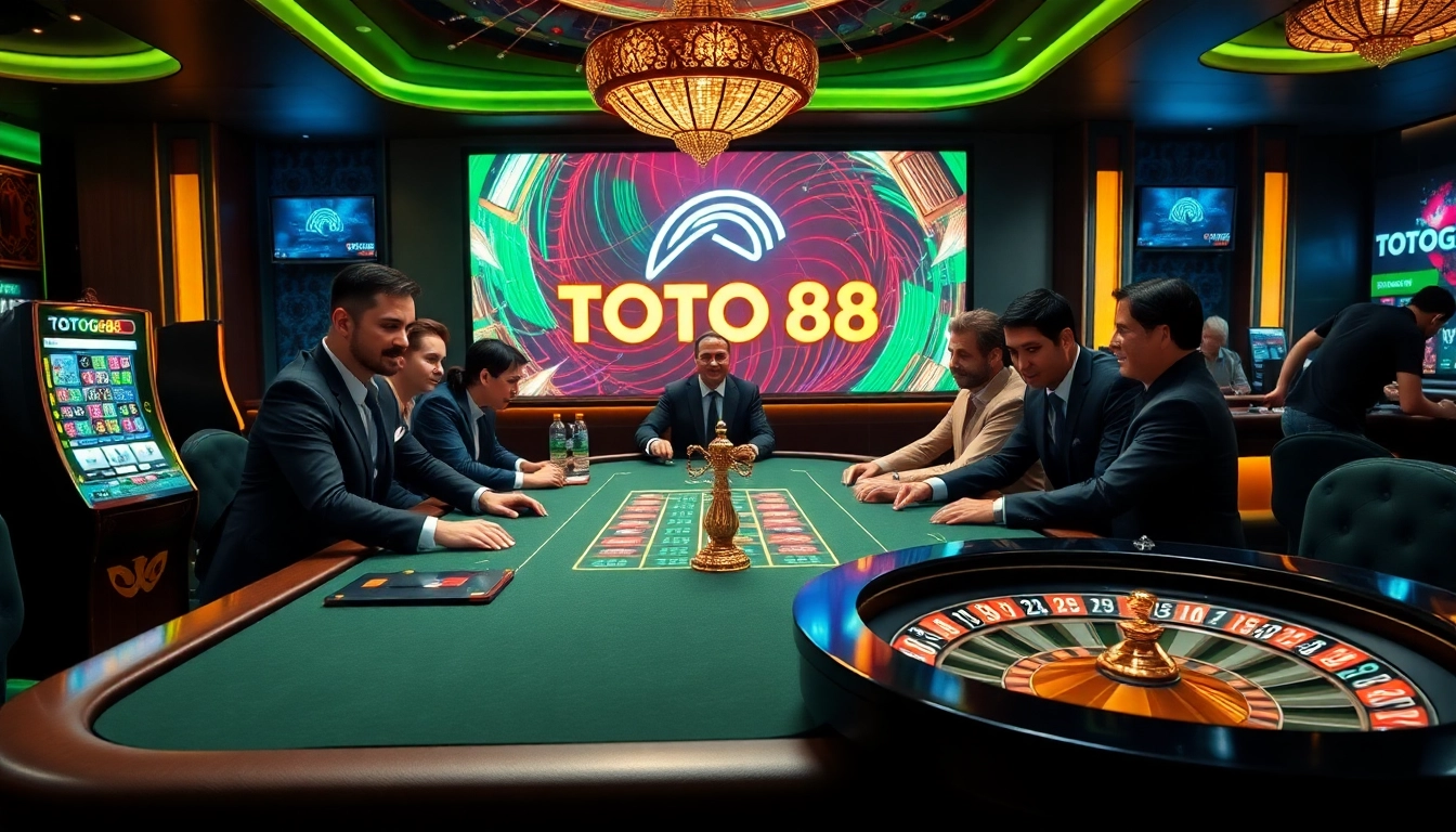 Gambler winning at TOTOGG88, showcasing a vibrant casino environment with poker and slots.