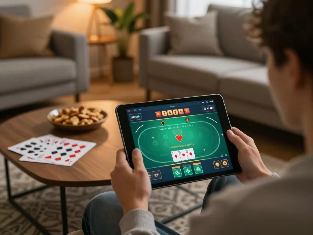 Engaging in online poker at nk88 with a cozy home setup, showcasing strategy notes and a tablet.