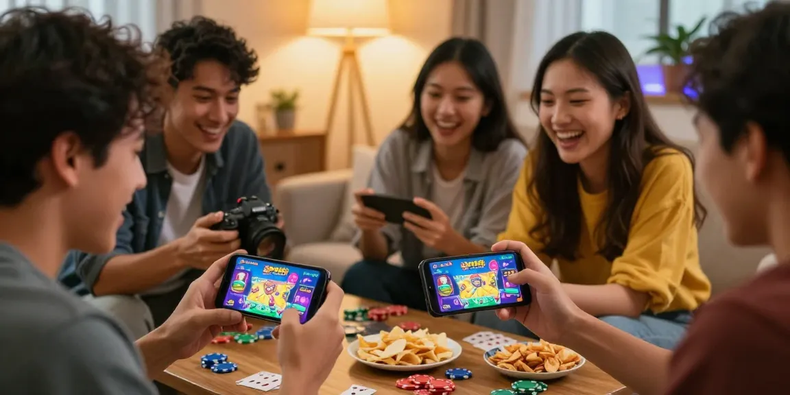 Friends enjoying a Free Game on 3Patti World while sharing snacks, creating a lively atmosphere.