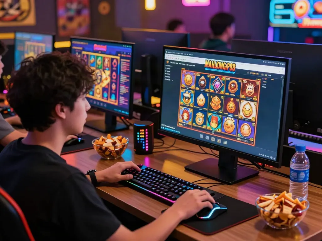 Engaged player experiencing the excitement of Slot MAHJONGJP88 in a colorful gaming setup.