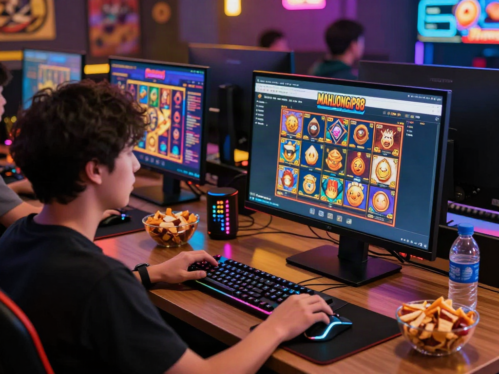 Engaged player experiencing the excitement of Slot MAHJONGJP88 in a colorful gaming setup.