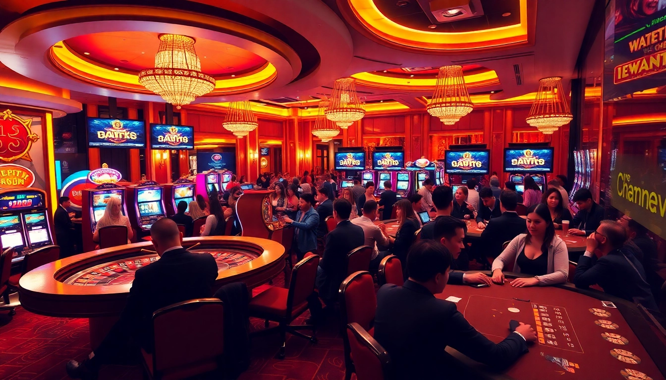Players enjoying a luxurious gaming experience at 88vn casino, featuring poker tables and slot machines.