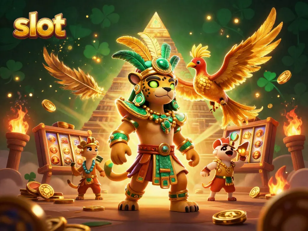 Mesin slot dengan karakter jaguar Maya dan burung quetzal dalam suasana kasino yang meriah.