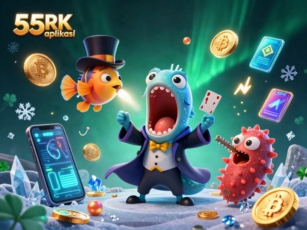 Enhance your gaming with 55RK aplikasi and explore vibrant 3D casino magic in this dynamic illustration.