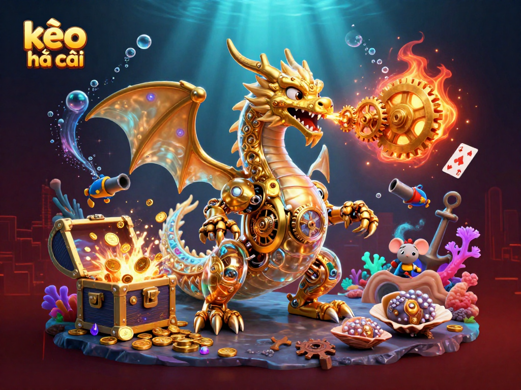 Experience kèo nhà cái with vibrant 3D cartoon art showcasing a golden dragon in a rich underwater casino scene.