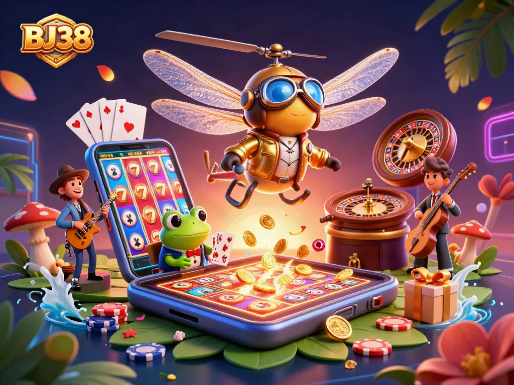 Engage with BJ38’s vibrant casino scene featuring a frog croupier, dragonfly pilot, and playing cards.
