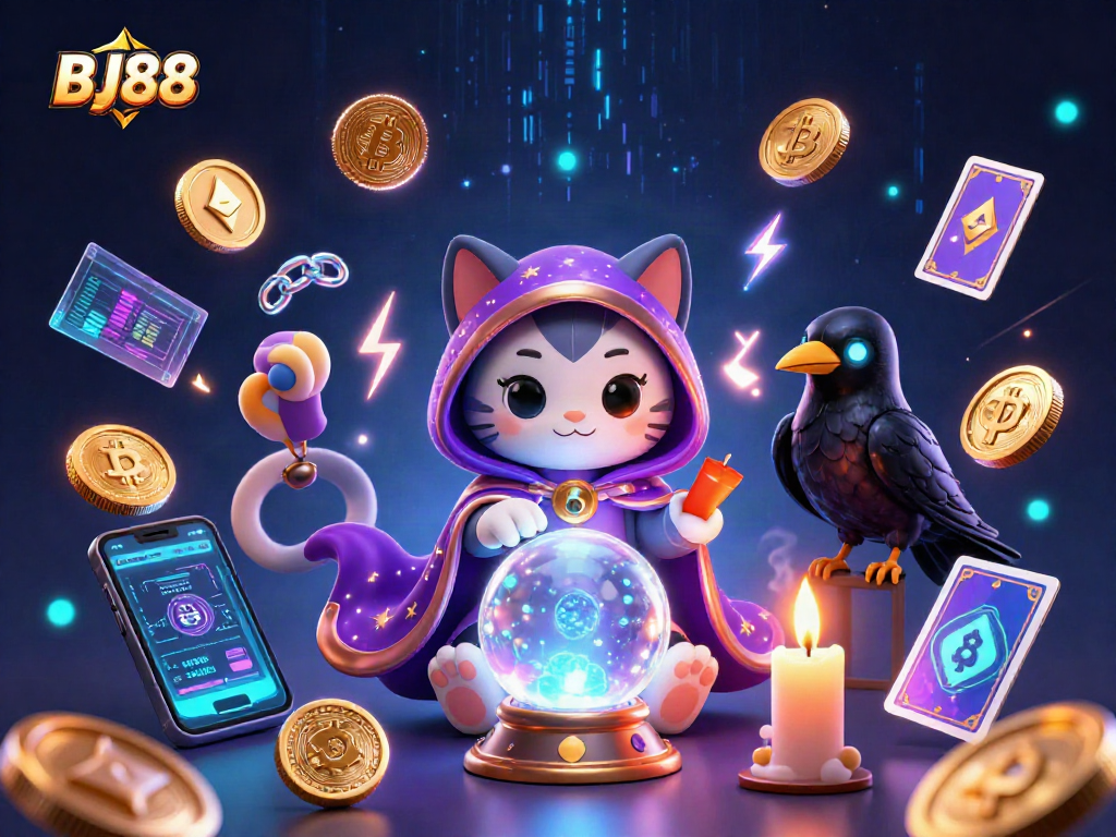 Playing at BJ88 casino with a mystic cat, raven, and dance of candle flames.