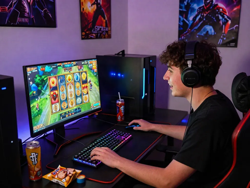 Gamer bermain badak168 dengan penuh semangat dan peralatan gaming canggih di ruang yang bergaya modern.