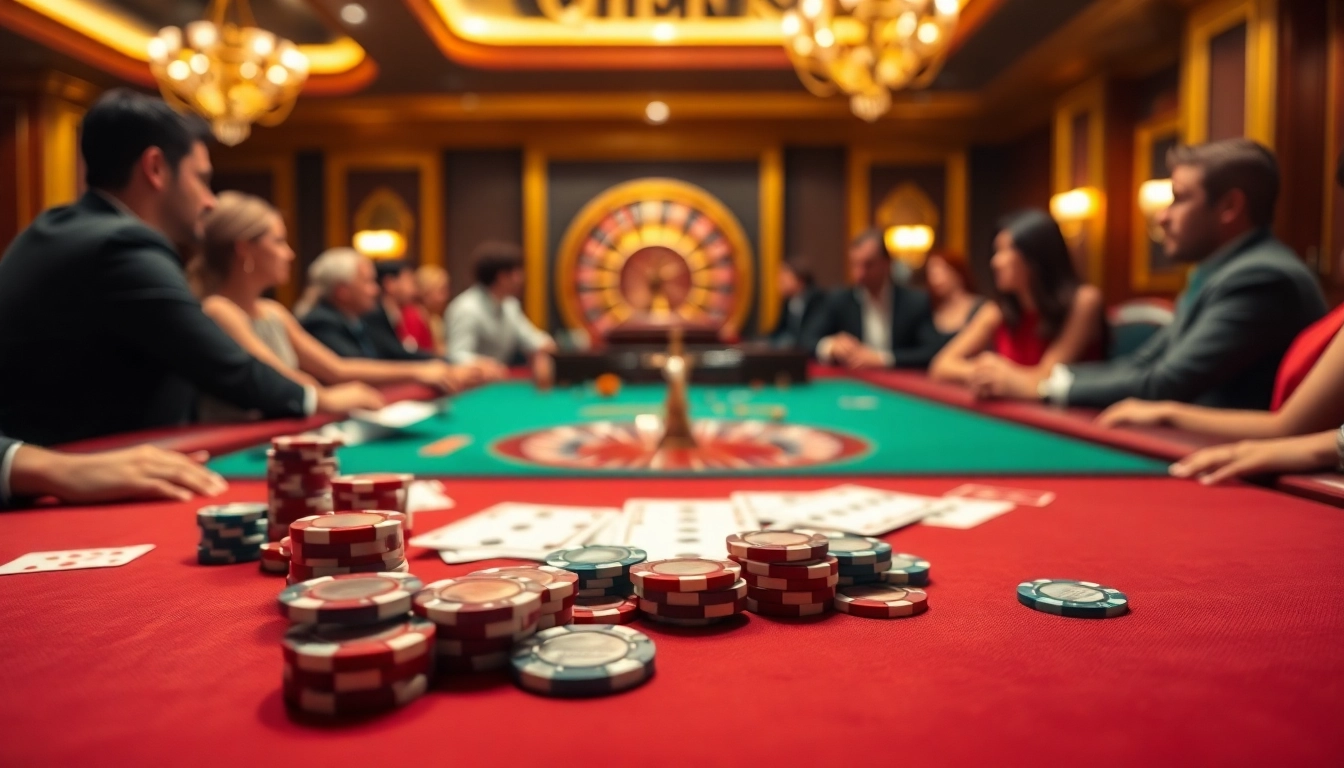 Exciting gambling action at qh88 casino with poker chips and a roulette wheel.