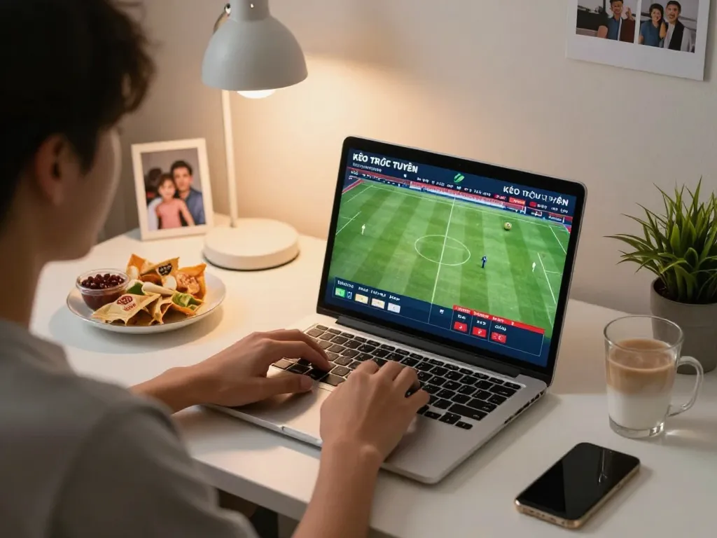 KÈO TRỰC TUYẾN betting experience with a person engaged in live betting on a laptop.