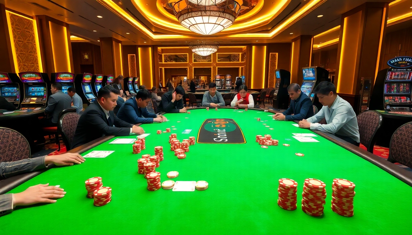Experience the thrill of game đánh bài đổi thưởng at a luxurious casino table with vibrant poker chips.