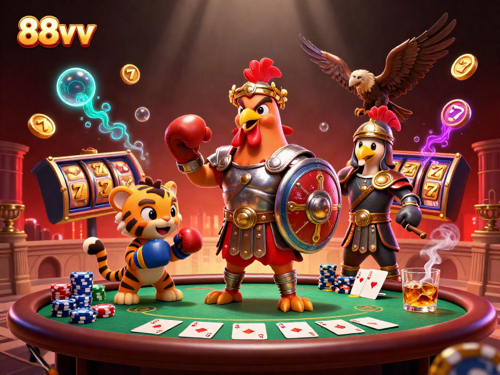 Experience the thrill of 88vv as a gladiator rooster battles it out in a vibrant casino arena.