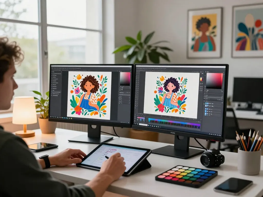 Artist using nano banana AI editor for digital artwork creation in a vibrant workspace.