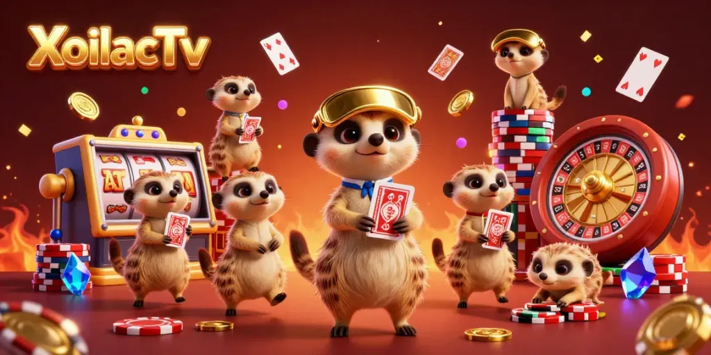 XoilacTv's lively casino scene showcasing meerkats engaging in thrilling games amidst a dazzling display of animations.