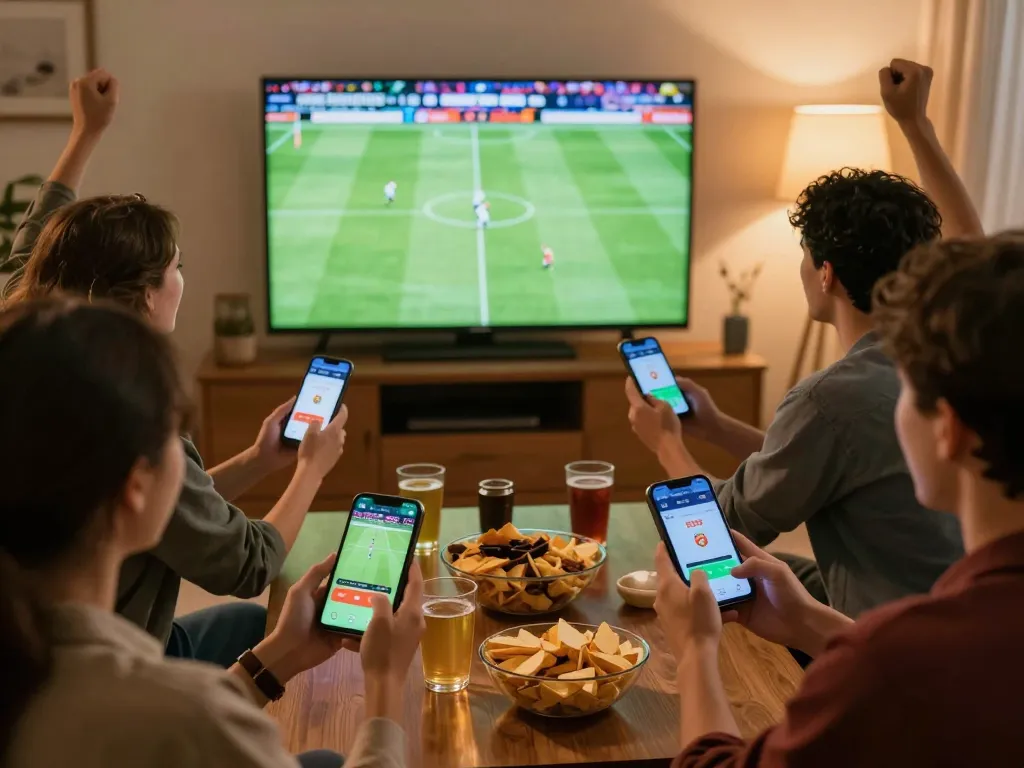 Friends using เว็บแทงบอล app while watching live football, showcasing the excitement of sports betting.