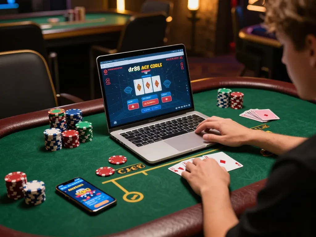 Engaged player using dr88 online casino app on laptop surrounded by gaming essentials.