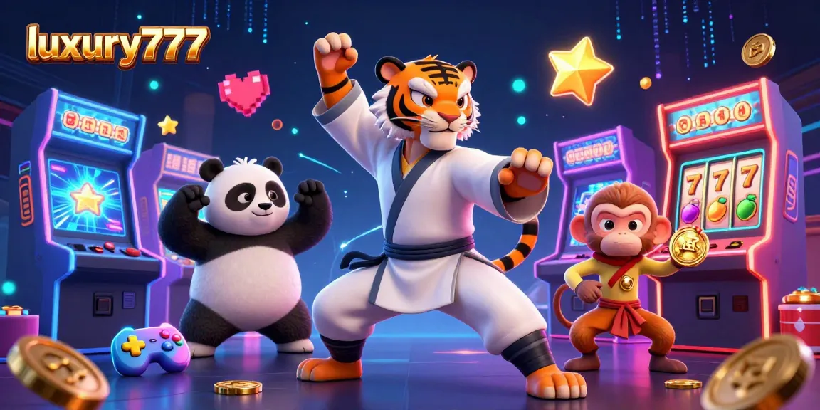 Gambarkan momen menyenangkan dengan luxury777 saat kucing kungfu putih mengajarkan teknik kepada panda, di tengah mesin permainan kasino.