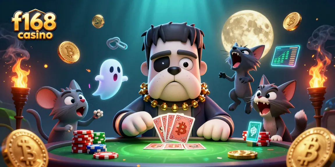 Experience the thrill of the f168 casino with a lively scene of a bulldog dealer, ghost mouse, and kitten amid vibrant crypto elements.