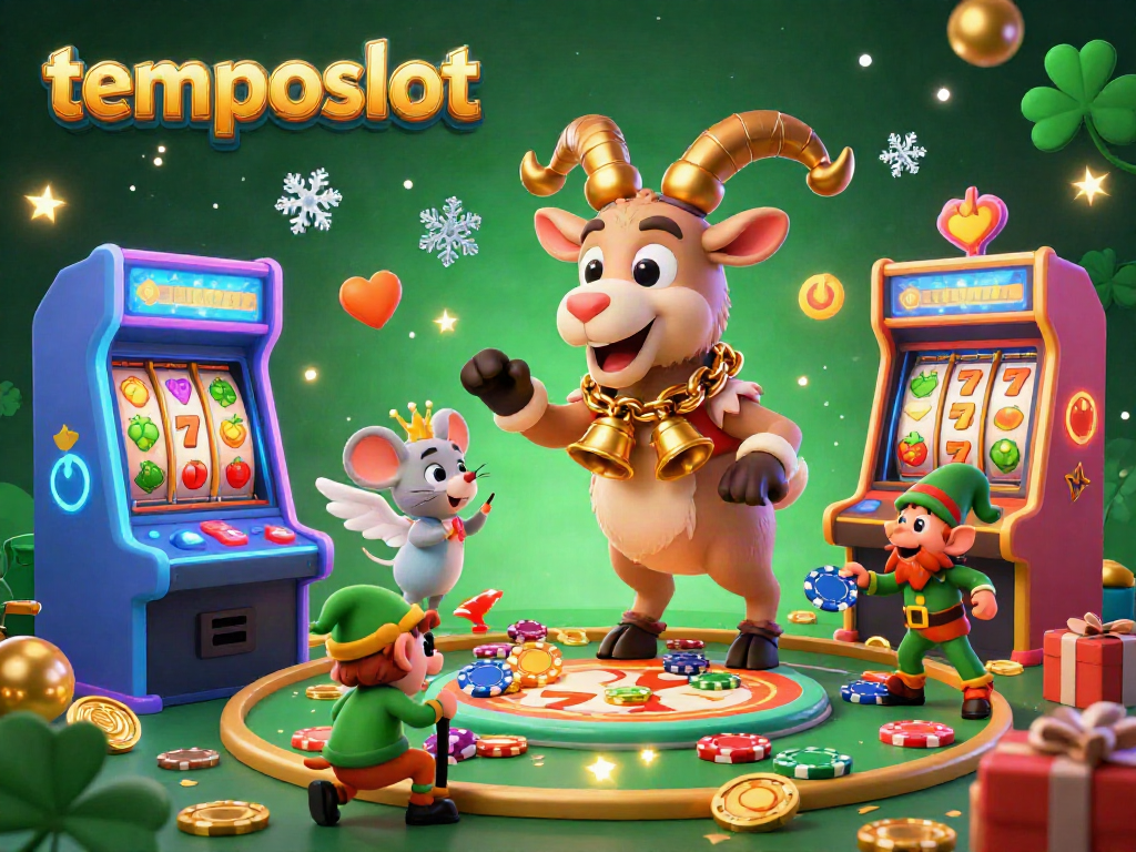 Engage with temposlot's festive gaming experience featuring a Krampus goat managing a casino filled with vibrant slot machines and playful characters.