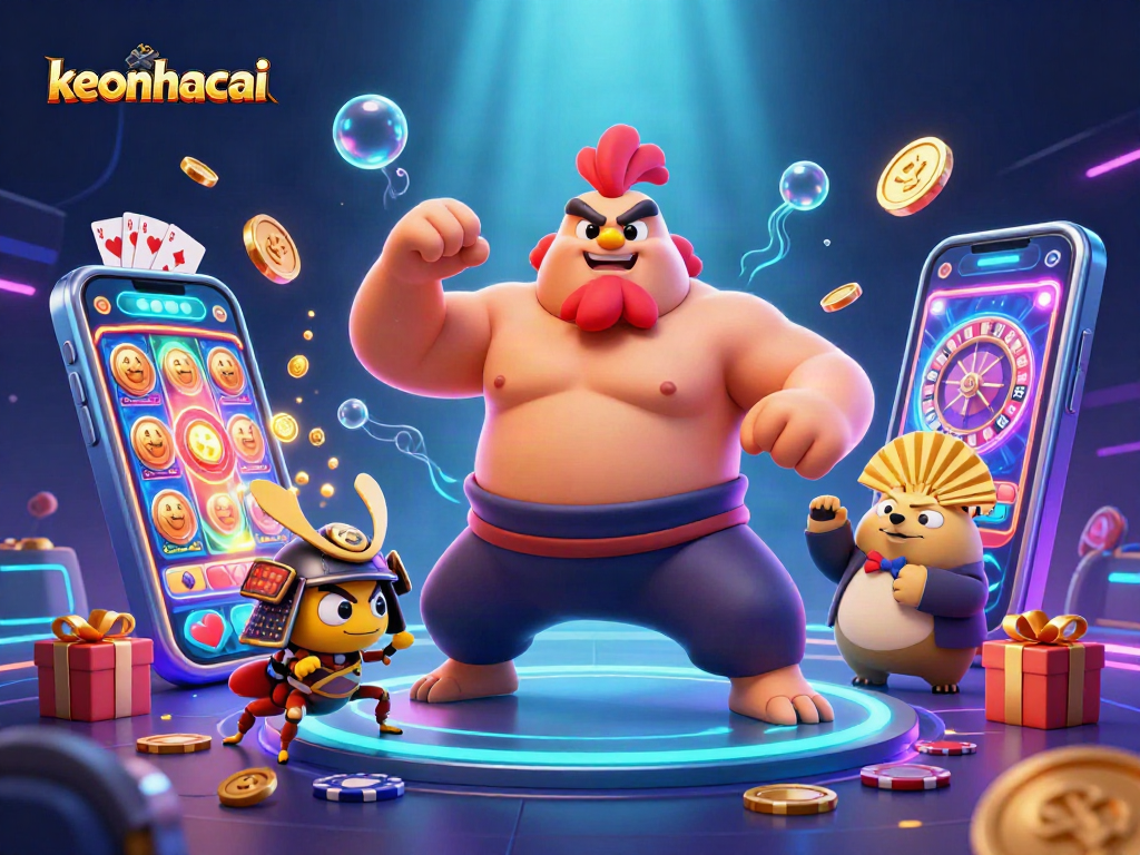 Engage with keonhacai, a colorful portrayal of a powerful sumo rooster and samurai cricket in a vibrant casino scene.
