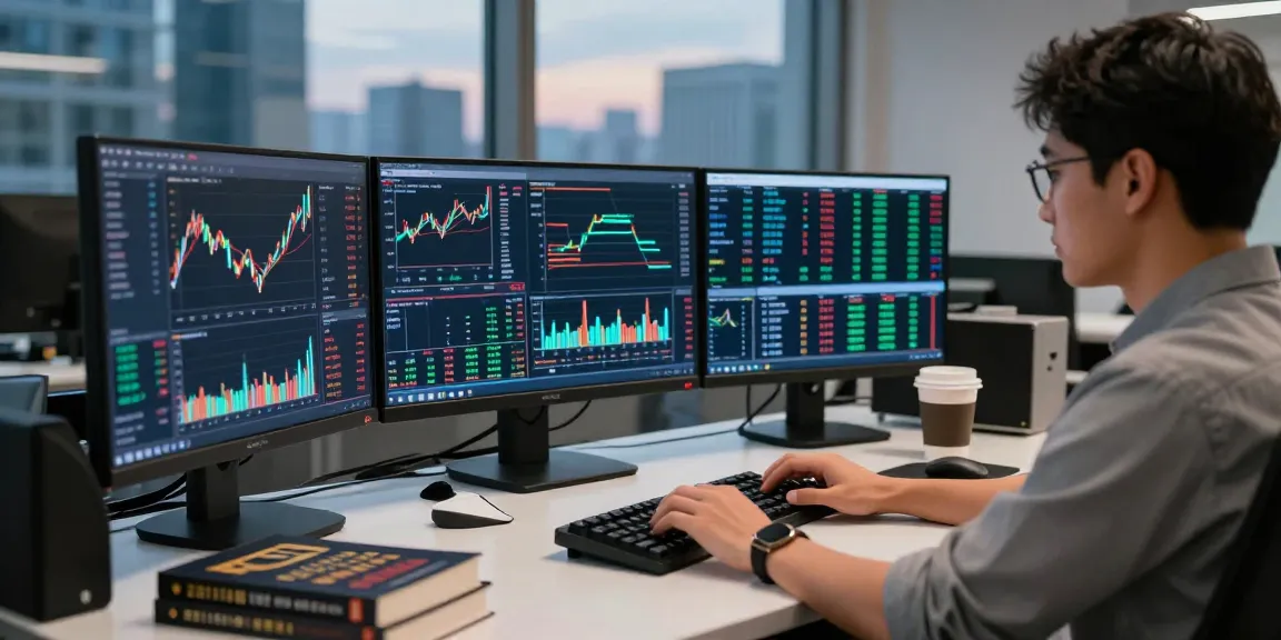 Сцена торговли на bitmex биржа с трейдером, анализирующим графики криптовалют в светлом офисе.