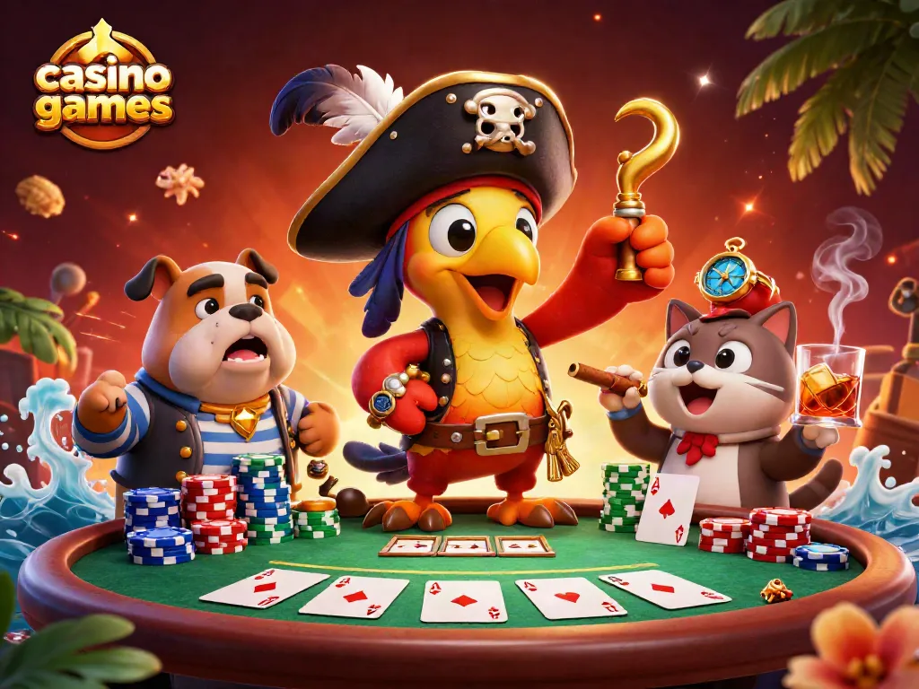 Experience thrilling casino games with a pirate scene, showcasing poker elements and nautical adventure.