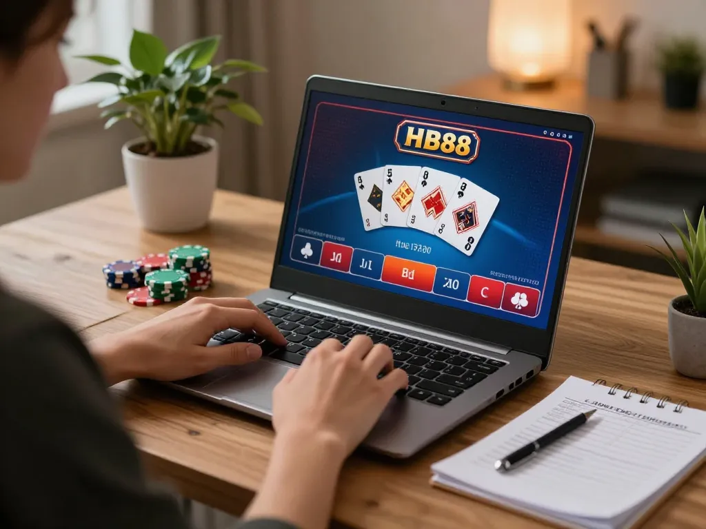 Playing poker at HB88 online casino with strategic notes on the table in a cozy home office.