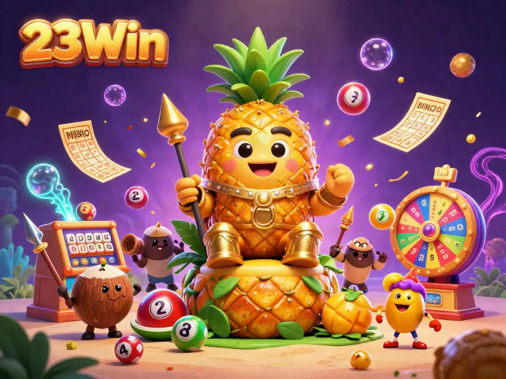 Experience 23Win's vibrant casino action with the golden pineapple king and dynamic gaming elements.
