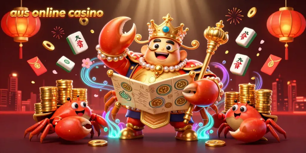 Experience the vibrant world of aus online casino with a golden crab emperor leading a treasure hunt amidst festive elements.