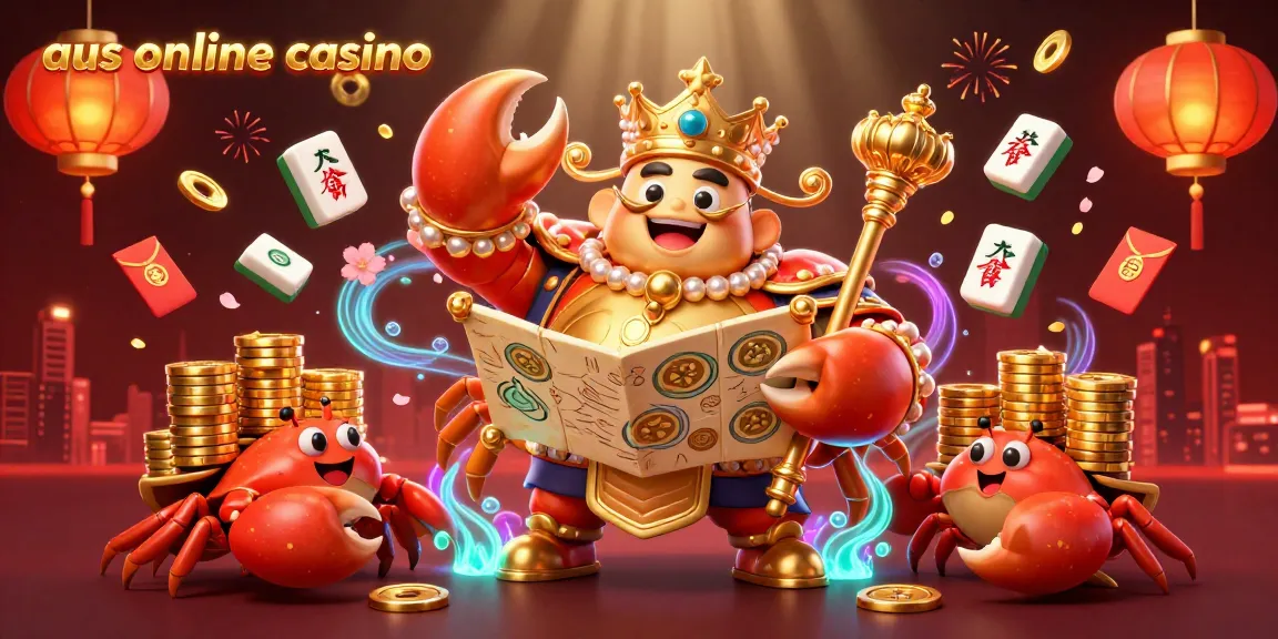 Experience the vibrant world of aus online casino with a golden crab emperor leading a treasure hunt amidst festive elements.