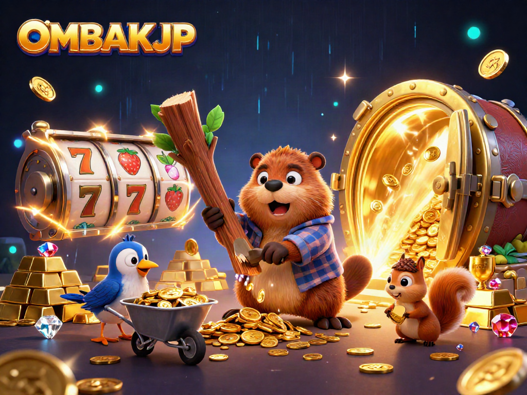 Engage with OMBAKJP in this vibrant scene of winning slots and golden rewards.