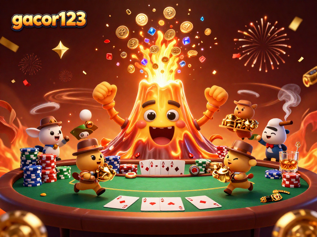 Experience excitement with gacor123 as the golden volcano erupts coins during a casino showdown.