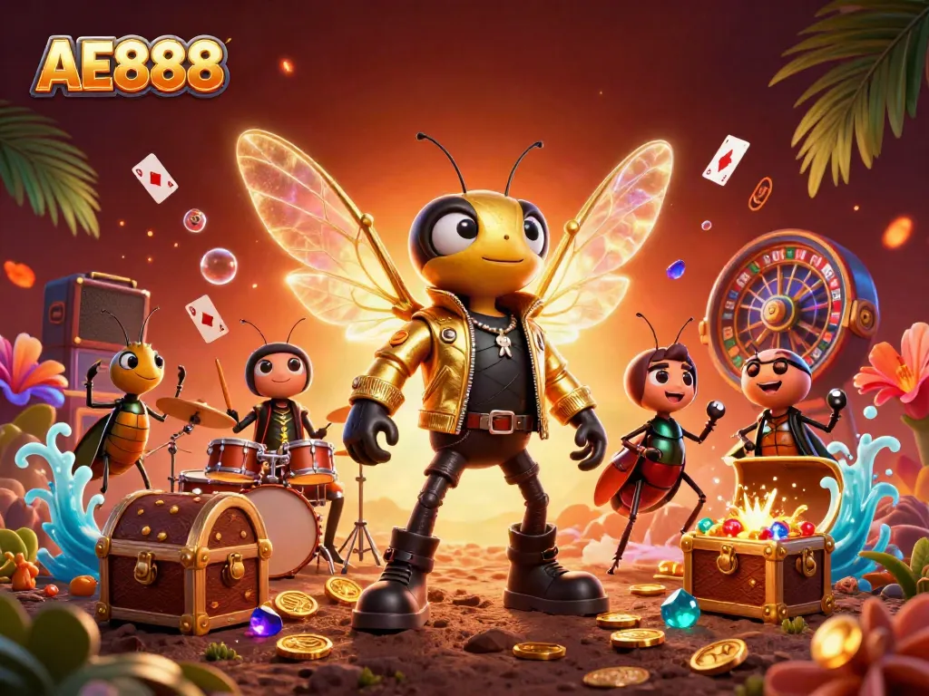 Engage with AE888's vibrant casino scene filled with lively characters and gambling elements.