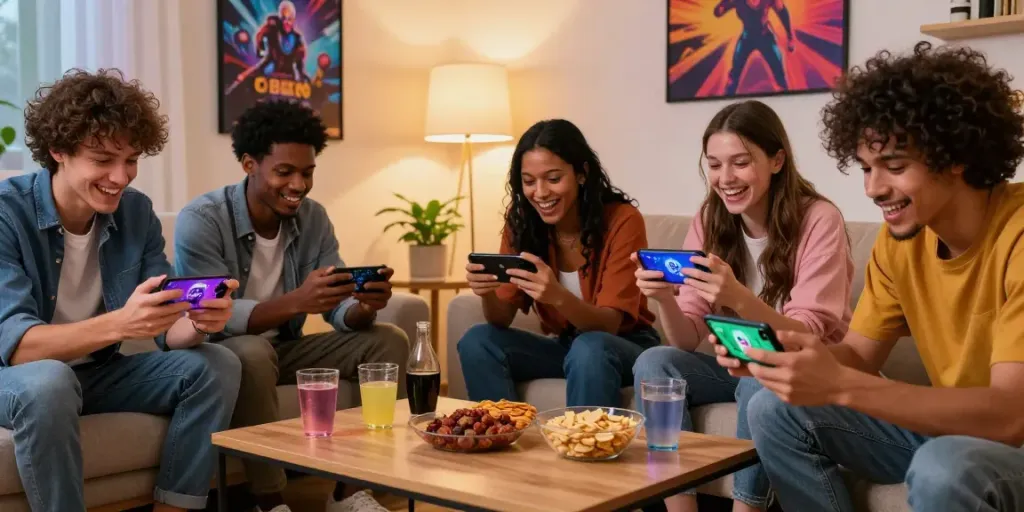 Friends playing 3 Patti No1 app together in a cozy living room, vibrant atmosphere.