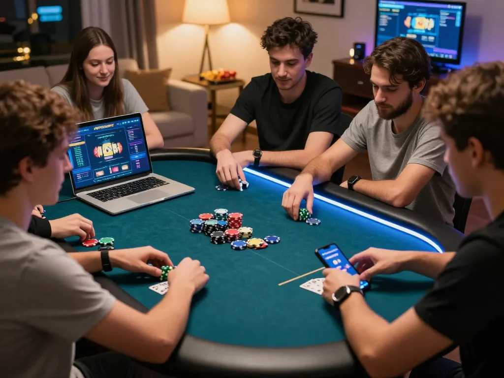 Engaging online poker gaming through digitalgamesprices.com/xboxone.html with diverse players in a cozy home setting, showcasing MPOSPORT interface.