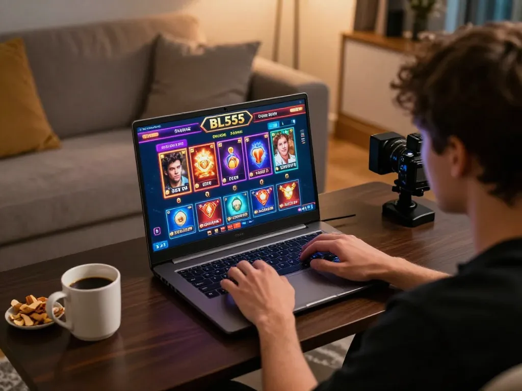 Player engaged with BL555 online casino on a laptop, showcasing vibrant game graphics.