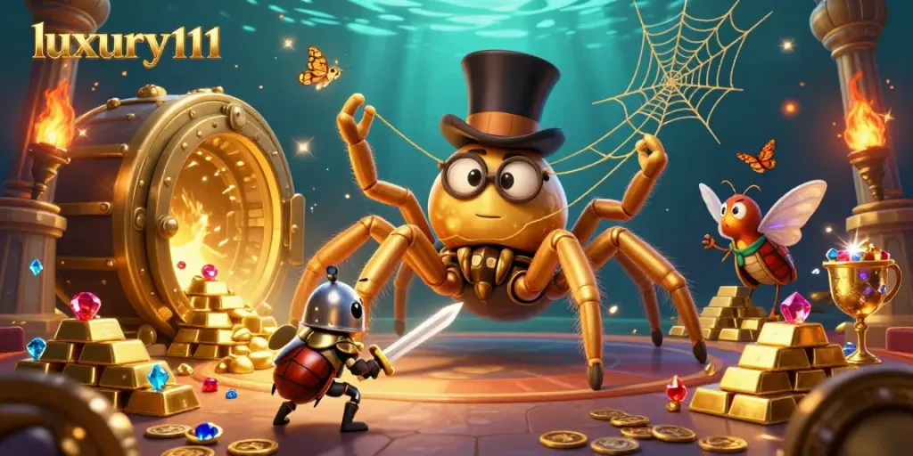 Engage in the luxury111 adventure featuring a golden tarantula and knight amidst treasure in an online casino.