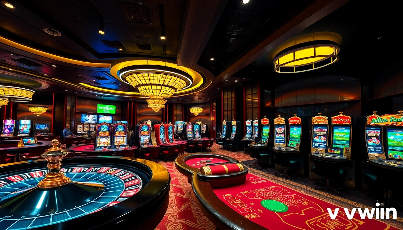 Experience high-stakes action at vvvwin's vibrant casino with poker tables and slot machines.