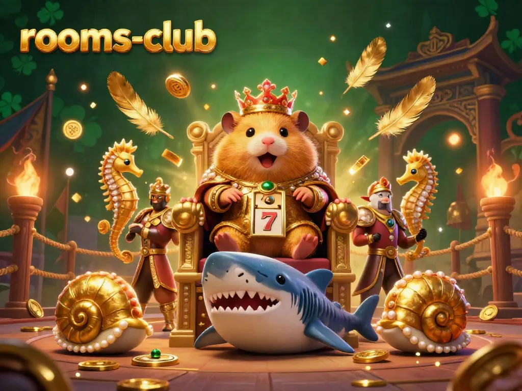Raja hamster emas bertakhta di atas gigi megalodon di rooms-club, dikelilingi oleh penjaga kuda laut dan simbol slot.