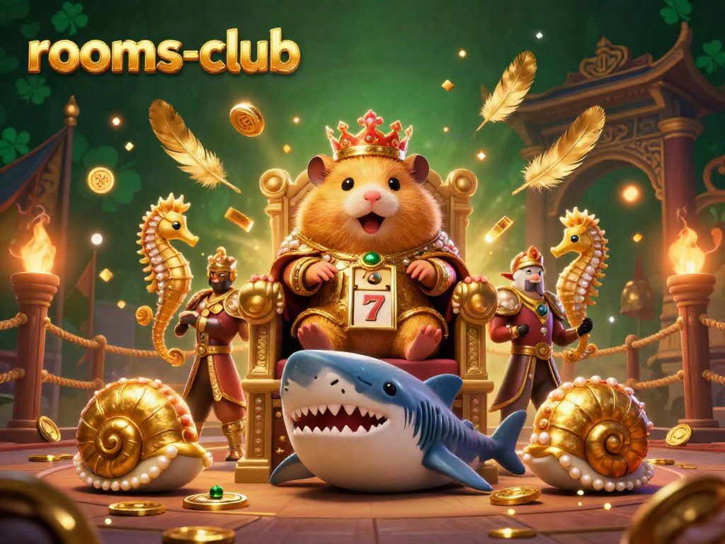 Raja hamster emas bertakhta di atas gigi megalodon di rooms-club, dikelilingi oleh penjaga kuda laut dan simbol slot.