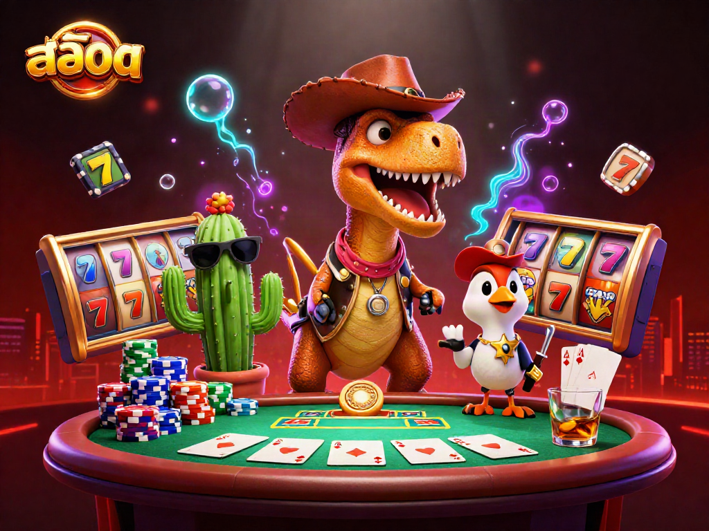 Engage with สล็อต slot games featuring a cowboy T-Rex and friends at a vibrant casino scene.