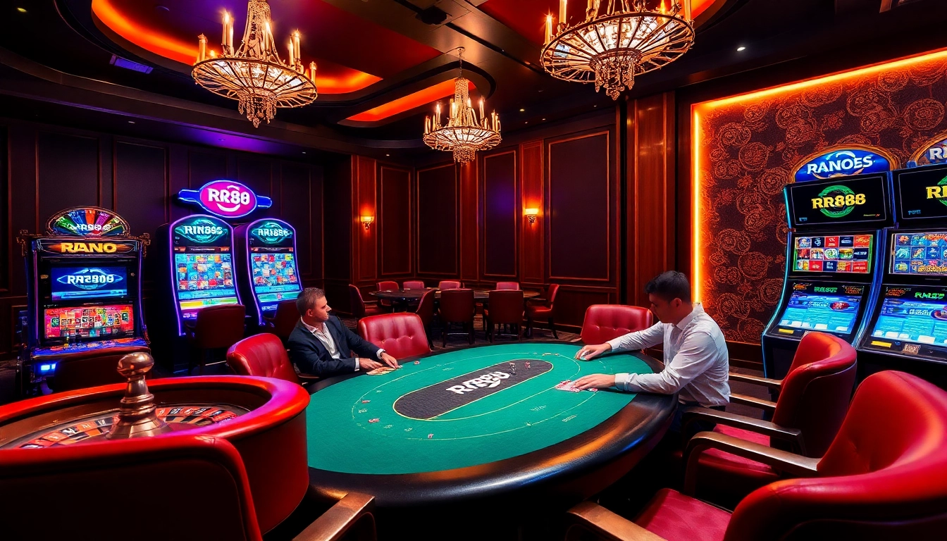 RR88 enhances the gambling experience with an exciting poker table scene in a luxurious casino.