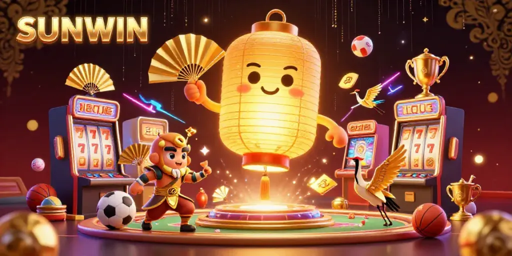 SUNWIN's vibrant night market casino illustration depicting fortune with a golden lantern spirit and slots.