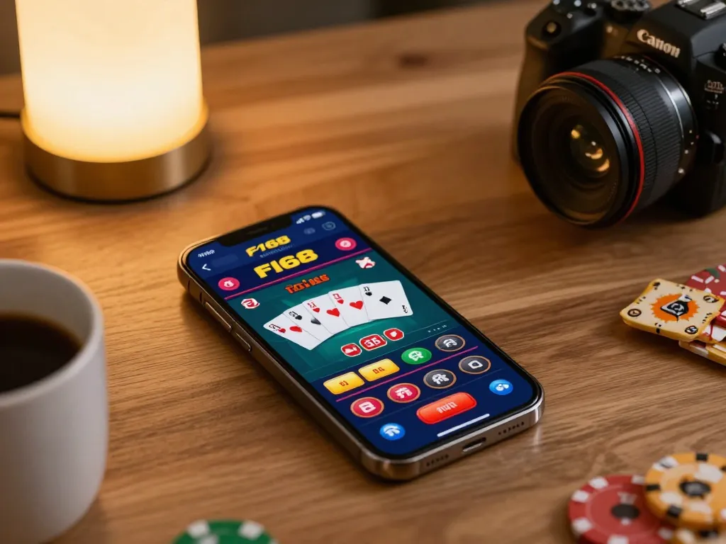 Engaging gameplay on F168 casino app displayed on smartphone amidst cozy home setting