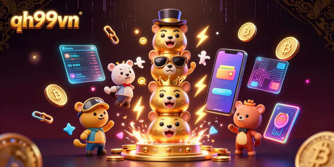 Experience the excitement at qh99vn, featuring a lively 3D totem pole with Bitcoin and Ethereum elements.