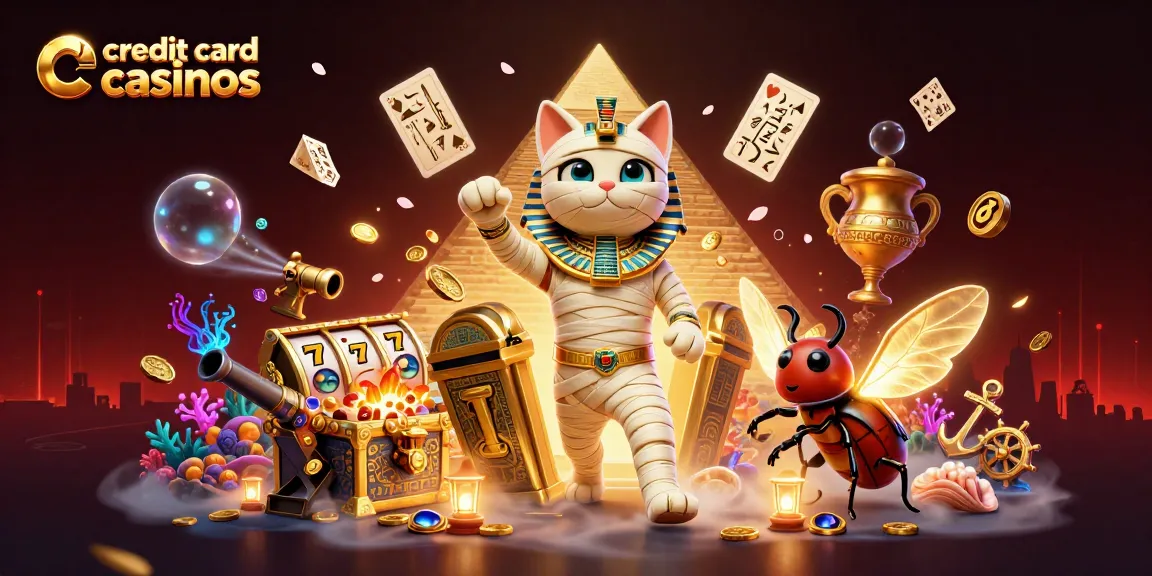 Engaging scene of credit card casinos featuring a 3D cartoon mummy cat and scarab beetle in a vibrant gaming setting.