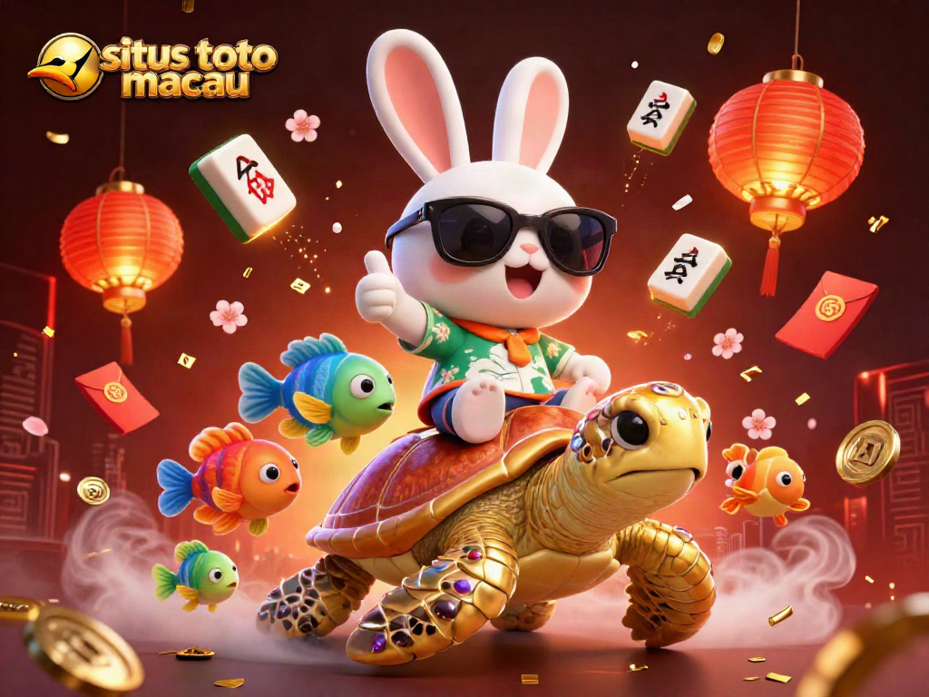 Gambarlah situs toto macau dengan kelinci beruntung 3D dan kura-kura emas di tengah suasana ceria lotere.
