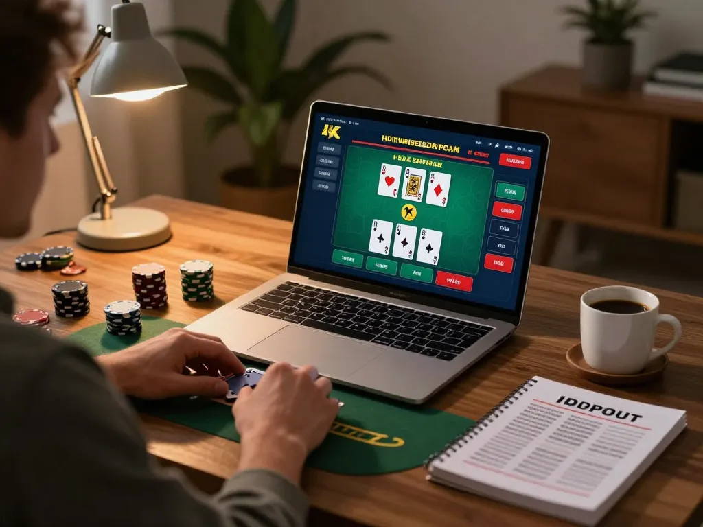 Player engaging in live dealer blackjack on laptop, showcasing dh88 gaming experience at home.