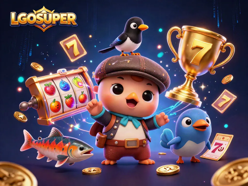 Engage with LGOSUPER while enjoying slots and jackpots in a fun casino-themed illustration.